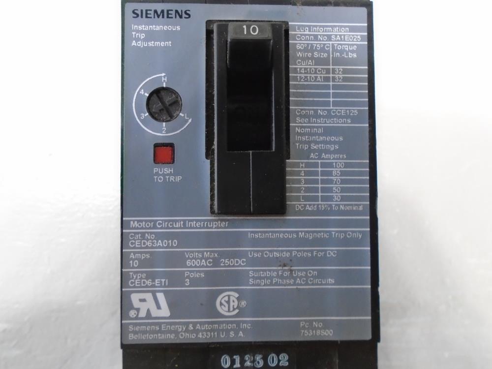 Siemens I-T-E Motor Circuit Interrupter, 600 VAC, 3-Pole, 10 Amp, CED63A010